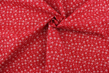 Load image into Gallery viewer, This fabric features a floral design in white set against a red background
