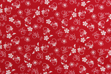 Load image into Gallery viewer,  This fabric features a  floral design in white set against a red background. 
