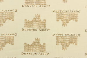 This quilting fabric features a Downton Abbey print in beige and brown set against a off white.