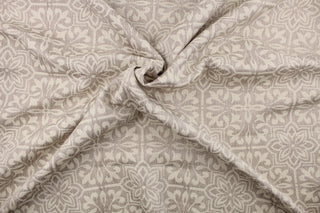 This jacquard fabric features a large-scale floral design in shades of linen and light brown
