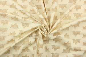 This quilting fabric features a Downton Abbey print in beige and brown set against a off white.