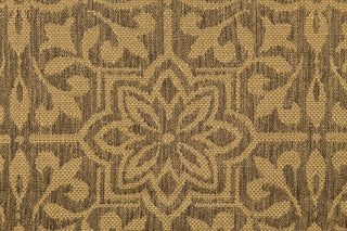 This jacquard fabric features a large-scale floral design in chocolate brown and dark beige.