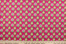 Load image into Gallery viewer,  This quilting fabric features a unique design in olive green, lime green, white, pink, and turquoise set against a dark hot pink .  
