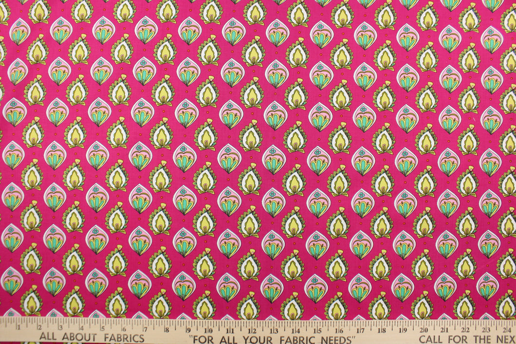  This quilting fabric features a unique design in olive green, lime green, white, pink, and turquoise set against a dark hot pink .  