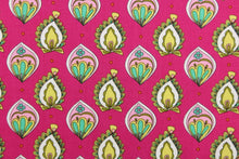 Load image into Gallery viewer,  This quilting fabric features a unique design in olive green, lime green, white, pink, and turquoise set against a dark hot pink .  
