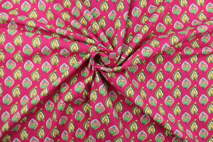  This quilting fabric features a unique design in olive green, lime green, white, pink, and turquoise set against a dark hot pink .  