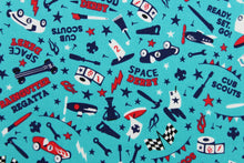 Load image into Gallery viewer, A boy/cub scout derby car design in blue,  red, white and black  set against dark turquoise blue.
