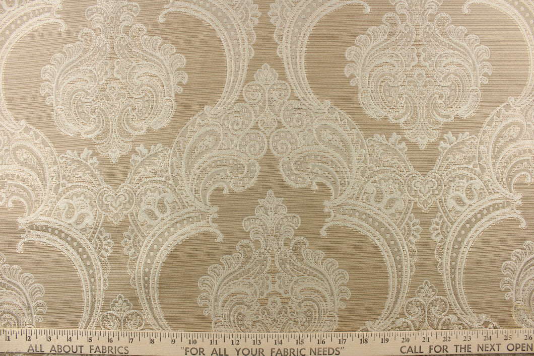 ornamental damask design in cream tones on a khaki background