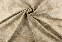 Load image into Gallery viewer, ornamental damask design in cream tones on a khaki background

