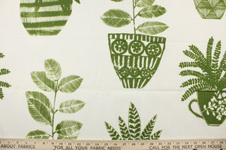 This multi use print fabric in cotton with a slub background features grass green motifs on an off-white background.  Perfect for window treatments, decorative pillows, custom cushions, bedding and light duty upholstery applications and almost any craft project.  This fabric has a soft workable feel yet is stable and durable.