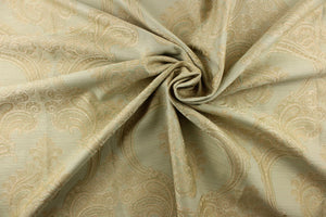 ornamental damask design in light beige and hints of light gold tones on a light green background