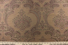 Load image into Gallery viewer, ornamental damask design in purple and green  and hints of light gold tones on a brown background
