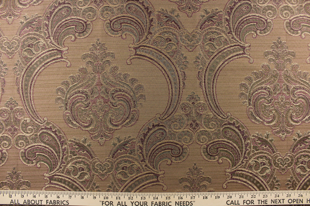 ornamental damask design in purple and green  and hints of light gold tones on a brown background