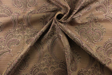 Load image into Gallery viewer, ornamental damask design in purple and green and hints of light gold tones on a brown background

