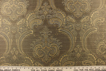 Load image into Gallery viewer, ornamental damask design in gold and gray and hints of  black on a gold and black background
