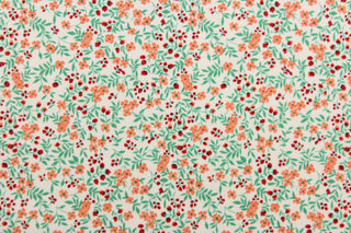 A beautiful floral design in red, pale orange and green set against a white background .