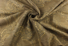 Load image into Gallery viewer, ornamental damask design in gold and gray and hints of black on a gold and black background
