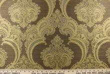 Load image into Gallery viewer, ornamental damask design in green and gray and hints of light gold on a dark gold background
