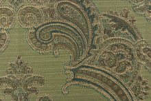 Load image into Gallery viewer, ornamental damask design in varying shades of green and hints of light gold on a green background
