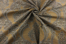 Load image into Gallery viewer, ornamental damask design in blue and brown and hints of copper or dark gold on a gold tone background
