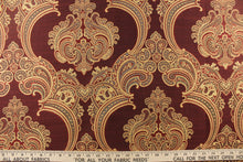 Load image into Gallery viewer, ornamental damask design in gray and  gold on a deep red background
