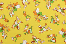 Load image into Gallery viewer, This quilting print features a cowboy and Indian design in green, white, brown, and golden yellow set against a mustard yellow background.
