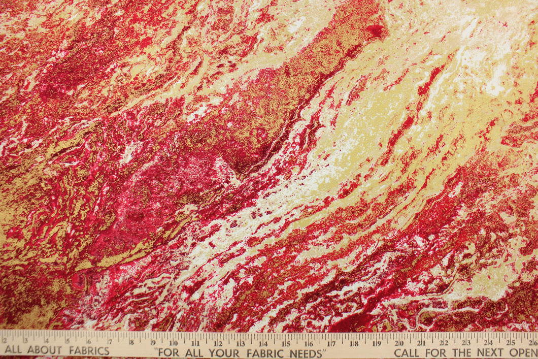 A marble design in red tones, gold, pale beige, and white .