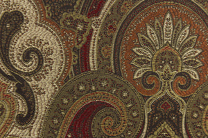 This tapestry features a demask design in gold, deep red, brown, bronze, and green . 