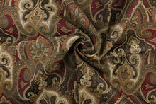 Load image into Gallery viewer, This tapestry features a demask design in gold, deep red, brown, bronze, and green . 
