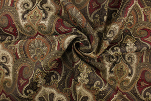 This tapestry features a demask design in gold, deep red, brown, bronze, and green . 