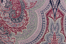Load image into Gallery viewer, This tapestry fabric features a vibrant demask design in light purple, blue, taupe and burgundy purple .
