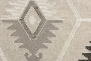 This tapestry features embroidered Aztec design in sliver, white, gray, and dark brown black set against a natural background . 