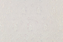 Load image into Gallery viewer, This lace features a woven floral design in off white with iridescent sparkle.
