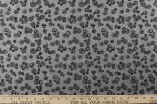 This elegant quilting print features vintage buttons in a black outline/shading in different sizes set against a gray background. 