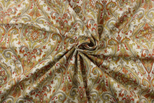 Load image into Gallery viewer,  A gorgeous pattern featuring a framed design with a paisley look in brunt orange, yellow orange, gray, olive green on a beige background
