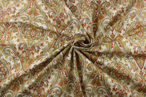  A gorgeous pattern featuring a framed design with a paisley look in brunt orange, yellow orange, gray, olive green on a beige background