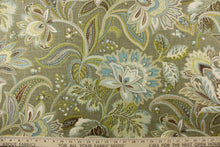 Load image into Gallery viewer, This gorgeous fabric features a large paisley design in green, brown, olive green, cream, and blue with hints of gold on brown gray background. 
