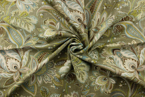 This gorgeous fabric features a large paisley design in green, brown, olive green, cream, and blue with hints of gold on brown gray background. 