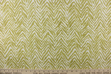 Load image into Gallery viewer, This fabric features a chevron tiger stripe in lime green  against a white background.
