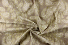 Load image into Gallery viewer,  This fabric features a beautiful demask design in cream and gold against a light beige background. 
