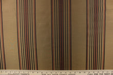 Load image into Gallery viewer, This fabric features a striped design in brown, black and gold on a bronze  background. 
