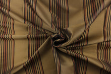 Load image into Gallery viewer, This fabric features a striped design in brown, black and gold on a bronze  background. 
