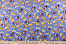 Load image into Gallery viewer, This quilting print features your typical household pets of dogs and cats lounging around in their beds in orange, white, black, red, green, yellow, and pale purple against a blue background. 
