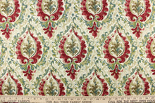 Load image into Gallery viewer, This fabric features a damask design in green, teal, cherry red, brown, beige, and cream. 

