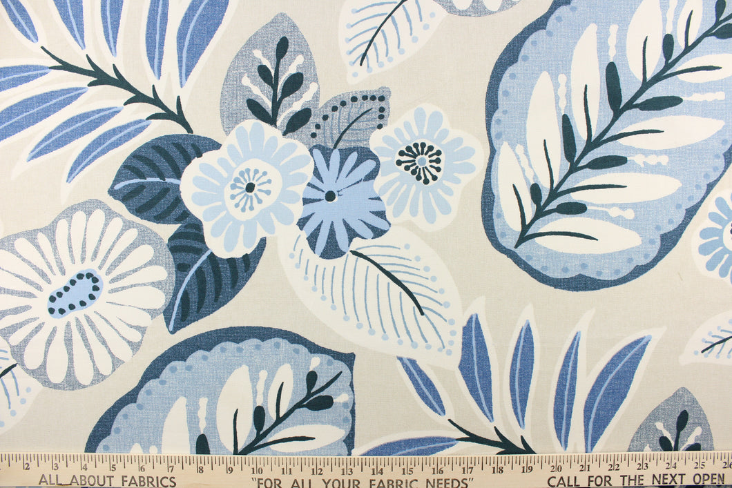   This  beautiful large floral pattern in shades of blue, white, and off white. 