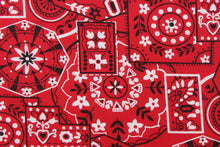 Load image into Gallery viewer, This cute and soft cotton paisley print bandana fabric features geometrical shapes with floral accents in red, white and black. 
