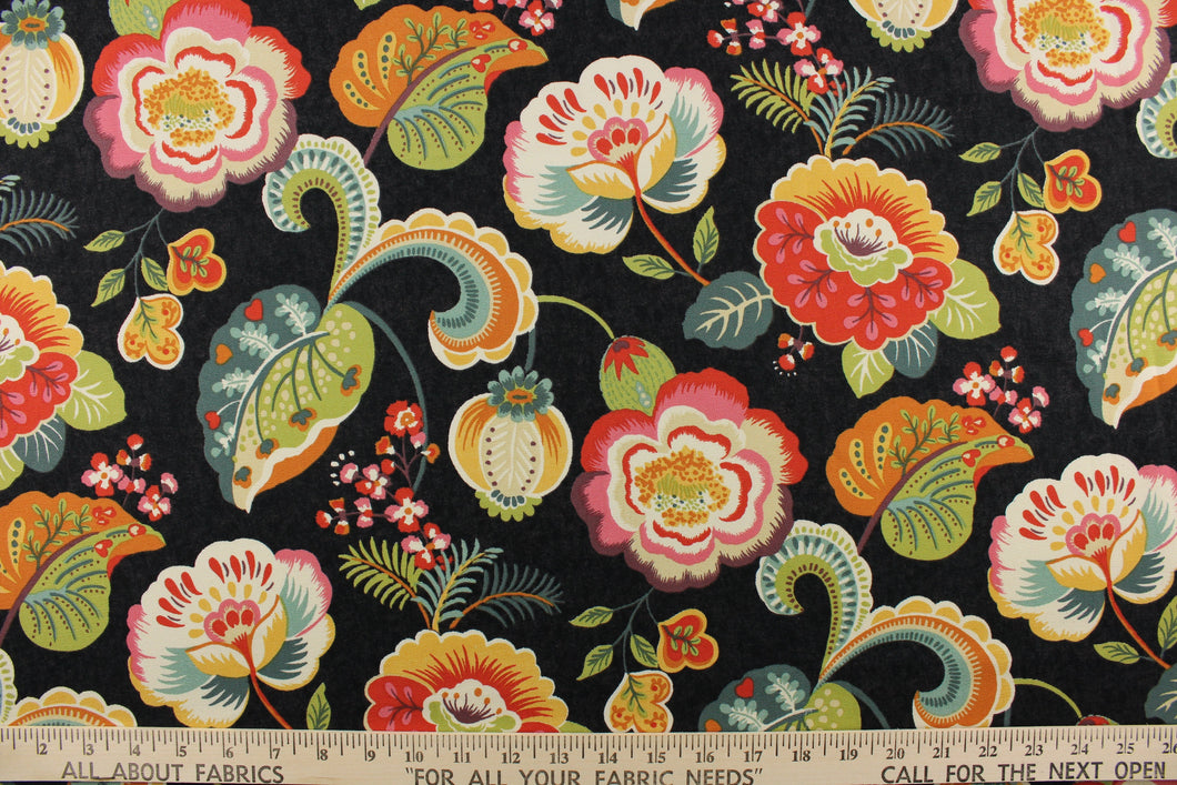 This beautiful bright floral design in coral, yellow, orange, teal, green, red, pinks, cream, purple and light khaki against a black background. 