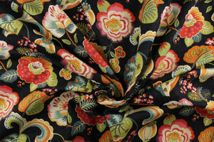 This beautiful bright floral design in coral, yellow, orange, teal, green, red, pinks, cream, purple and light khaki against a black background. 