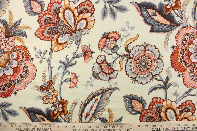 This beautiful Linen print features a floral design against an off white background.  Colors included are grey, orange and spice. 
