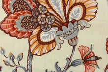 Load image into Gallery viewer, This beautiful Linen print features a floral design against an off white background.  Colors included are grey, orange and spice. 
